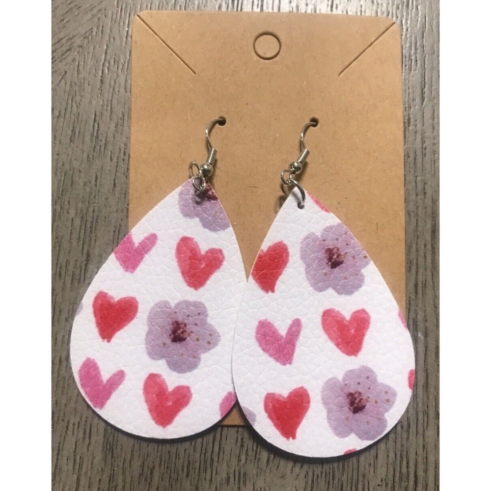 Pink Purple White Hearts Teardrop Faux Leather Silver Hardware Earrings USA